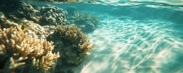 Underwater coral reef scene, ocean floor, sunlight, tropical