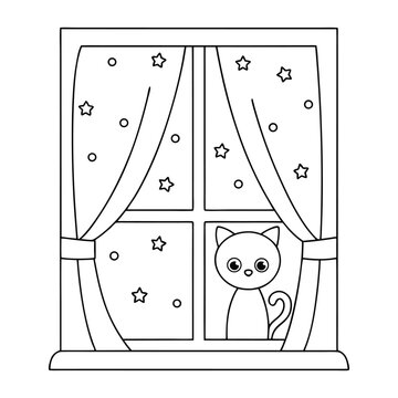 recommend clip art: Cute cat looking through window with star patterned curtains line art