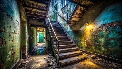 Obraz premium Creepy Abandoned Building Dilapidated Stairwell Shadowy Corridor Stock Photo