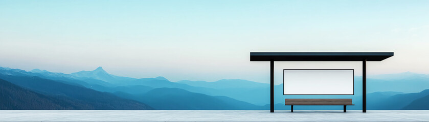 Fototapeta premium Minimalist bus stop blank billboard bench modern design outdoor mountain view blue sky peaceful empty tranquil