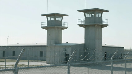 Stark concrete prison towers stand sentinel a symbol of confinement and isolation powerful image of justice system
