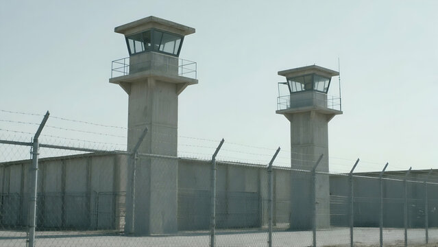 Imprisonment architecture stark concrete towers watch over a high security prison desolate landscape