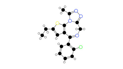 etizolam molecule, structural chemical formula, ball-and-stick model, isolated image anxiolytic agent