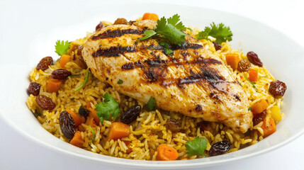 Grilled chicken breast atop seasoned rice with carrots, raisins, and cilantro