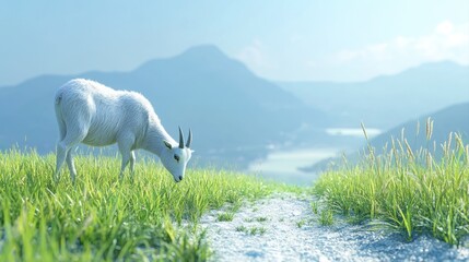 Naklejka premium White Goat Grazing on Lush Green Grass by Scenic Mountain Lake in Bright Sunny Atmosphere