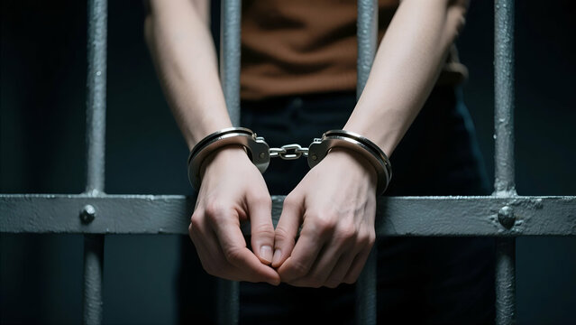 Handcuffed woman behind bars a somber scene of confinement and despair - Powered by Adobe