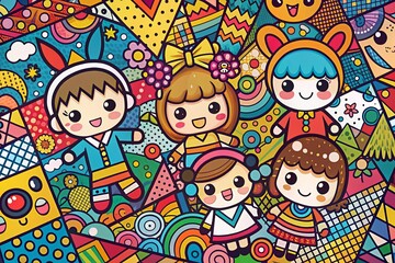 Cute Anime Doodle Characters on Vibrant Colorful Background - Stock Photo
