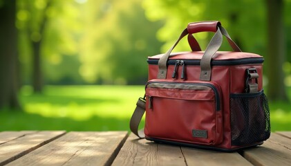 A sleek, insulated cooler bag sits on a rustic wooden surface Perfect for picnics and outdoor adventures , modern, white