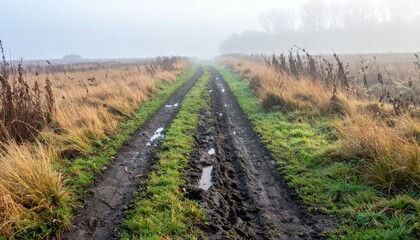 Obraz premium Foggy Country Pathway Through Tall Grass and Muddy Terrain