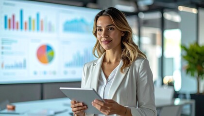Woman with tablet in modern office with graphs and charts displayed in the background