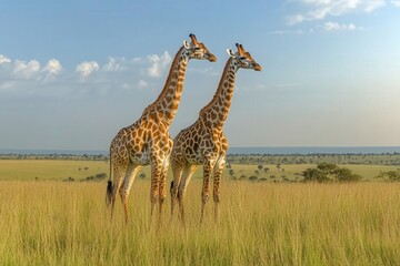 Obraz premium Tall Giraffes Stand Gracefully in the Golden Grasslands During a Vibrant Sunset in the African Savannah, Showcasing Their Elegance and Unique Patterns