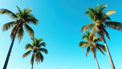 Tall coconut palms against a vibrant blue sky, foliage, summer, coconut palm