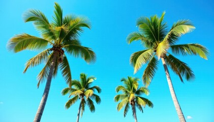 Tall coconut palms against a vibrant blue sky, palm tree, vegetation, photo