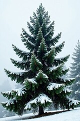 Obraz premium Tall fir tree, lush green needles, snowy branches, branch, white background, digital
