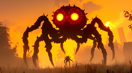 A giant mechanical spider silhouette towers over a small figure in a vibrant sunset, surrounded by an eerie landscape