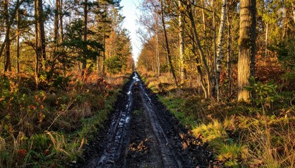 Obraz premium Muddy Trail Through Autumn Forest with Vibrant Leaves and Trees