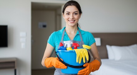 Smiling young woman hotel maid housekeeper holding cleaning bucket with supplies and cleaning gloves