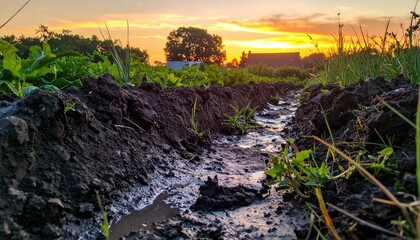 Obraz premium Sunset over Freshly Plowed Field with Green Vegetation and Water