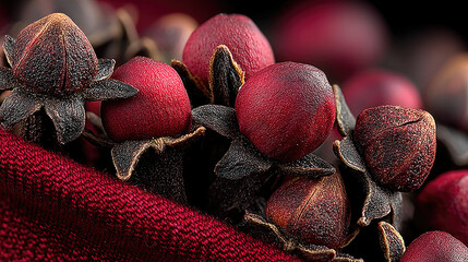 Close-up of aromatic spice cloves with their dark brown buds and red berries