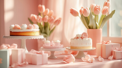 a pastel-themed Mother’s Day table setup with cakes, tulips, and gift boxes in soft light