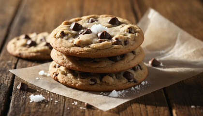 Freshly baked chocolate chip cookies stacked on parchment paper with a sprinkle of sea salt. The golden-brown cookies are loaded with melted chocolate chips, ready to be enjoyed. The rustic wooden bac
