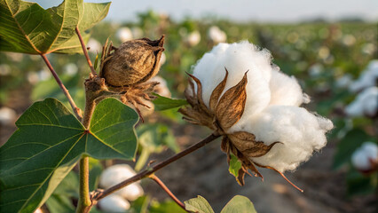 Rural Cotton Field with Mature Boll in Golden Hour Light