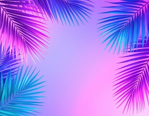 Vibrant tropical palm leaves gracefully arch against a soft pink background, creating a lively and refreshing contrast that evokes a tropical paradise.