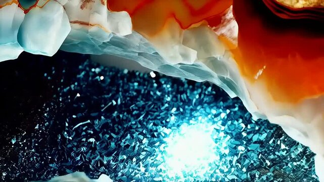 Mesmerizing close up video of vibrant geode formation with crystaline interior