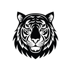 Vector black and white illustration of tiger head logo style isolated on a white background.a black and white tiger silhouette with distinctive face pattern.