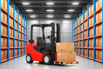 Fork truck in a spacious warehouse surrounded by stacks of materials showcasing efficient logistics and storage solutions