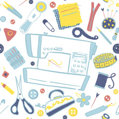 set of sewing accessories seamless pattern png no background