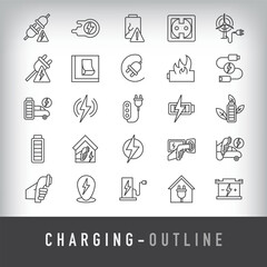 Battery, charging station, home charging, battery and electricity generation design. 25 linear filled energy and charging simple icon set.