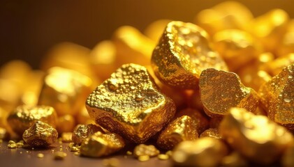 Close-up of glittering golden nuggets, showcasing their rich texture and color , closeup, shine
