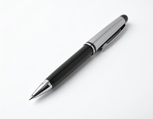 A sleek pen, black barrel meets silver cap & accents, clip on the side.  Writing utensil for notes