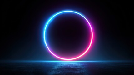 A 4K photo of neon blue pink round frame ring, circle shape glowing light with dark background. 80's retro style, copy space.