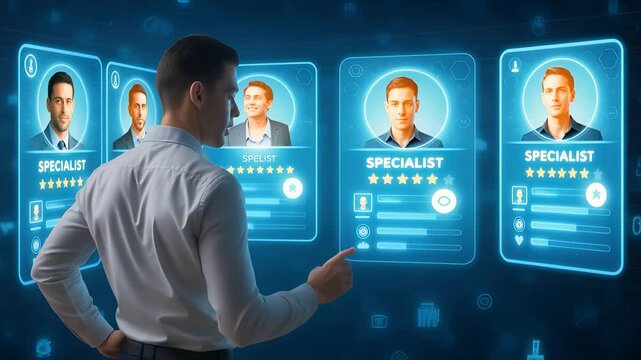 Man Scanning Specialist Profiles on Digital Holographic Panels Representing Virtual Recruitment, Rating and Skill Selection

