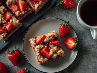 Overhead shot of homemade strawberry crumble bars on plate with tea for breakfast or dessert food photography