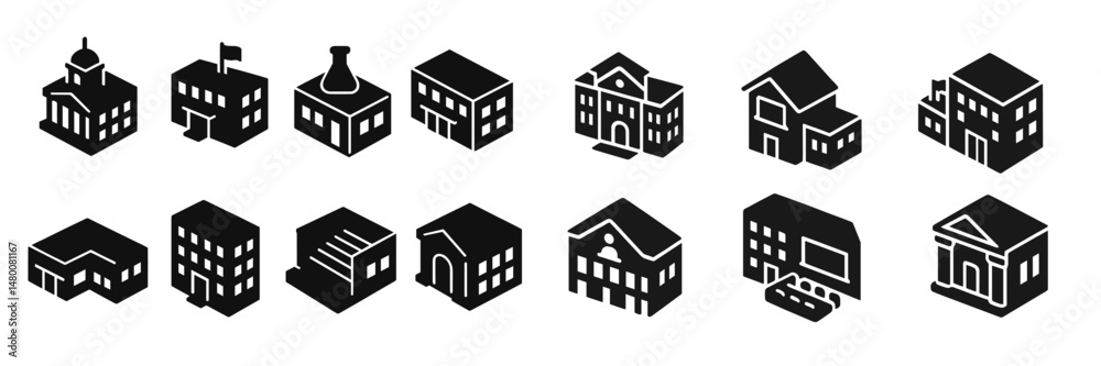 Poster Collection of diverse building icons representing various architectural styles and structures in simple black and white design