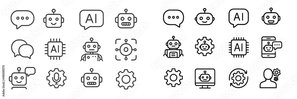 Poster collection of line icons representing artificial intelligence and chatbot technology in various comm
