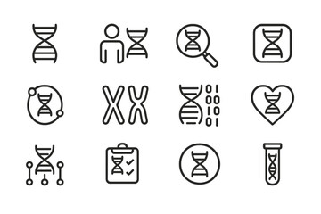 Symbols representing DNA, genetics, and biological research in a simple, modern graphic design format