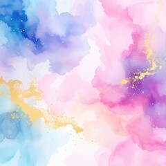 Obraz premium A serene watercolor background featuring soft, flowing hues of blue intertwined with elegant gold accents, creating a harmonious and artistic atmosphere.