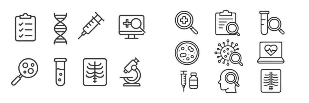 Science and healthcare icons representing research, testing, and medical technology in a modern design