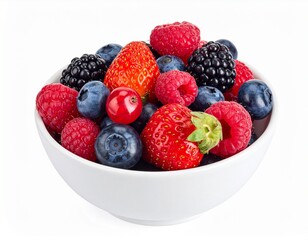 Vibrant bowl filled with fresh, mixed berries. Includes strawberries, raspberries, blueberries, blackberries, and currants. Healthy snack