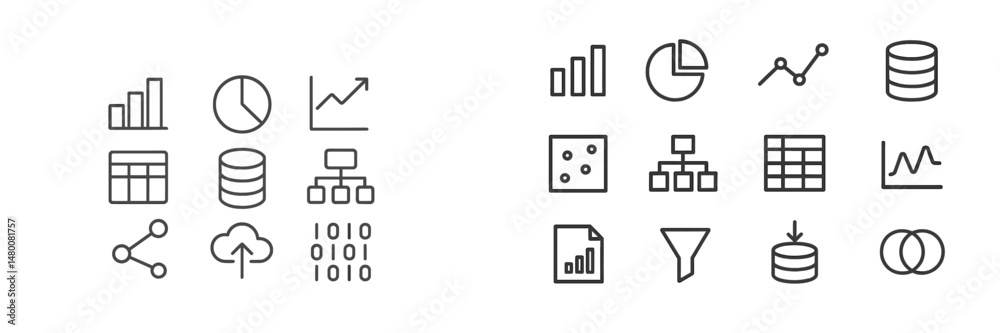 Poster collection of data and analytics icons representing various metrics and processes in a modern busine
