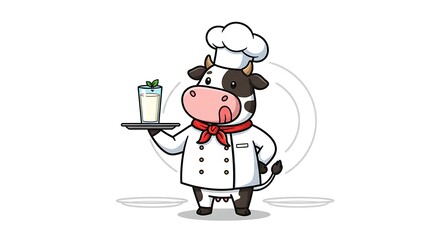 Cartoon cow chef presenting milk glass with garnish on tray, isolated illustration