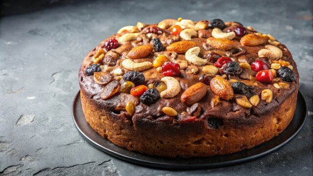 A rich fruitcake studded with almonds, cashews, and candied cherries, a delicious and festive treat