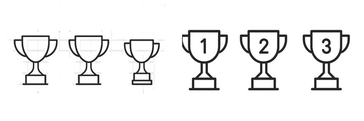 Trophy design variations showcasing first, second, and third place awards for competitions and events