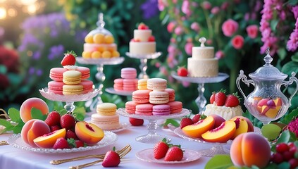Cake with fruits and berries, food on table in garden