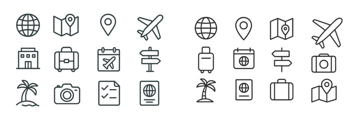 Travel icons set showing globes, maps, airplanes, luggage, and tropical elements for adventure planning