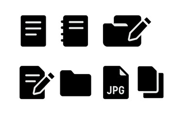 Set of black icons showcasing writing and organization tools such as notebooks, folders, and document files